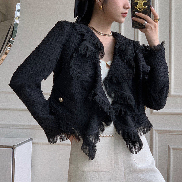 Women's Frayed Ruffle Collar Short Tweed Coat