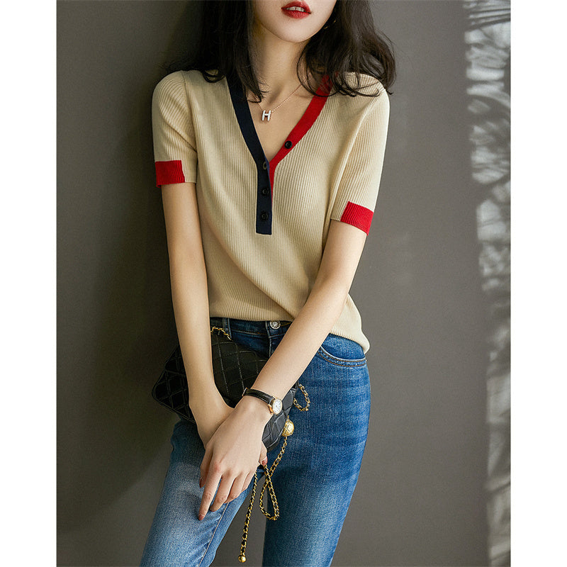 Solid Color And V-neck T-shirt Women's Ice Silk Sweater Sweater Loose Short Sleeve