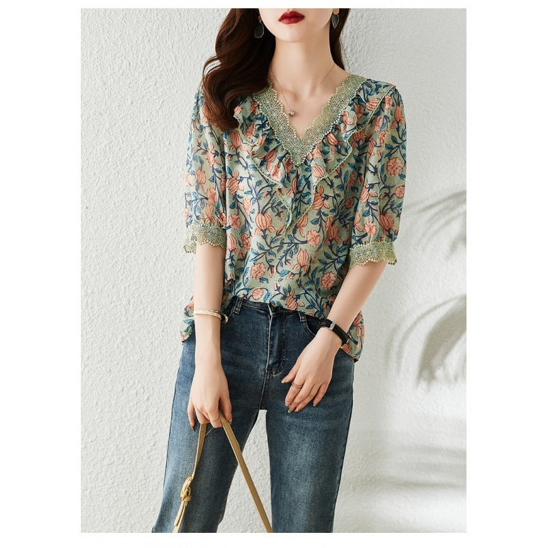 V-neck Floral Chiffon Shirt For Women