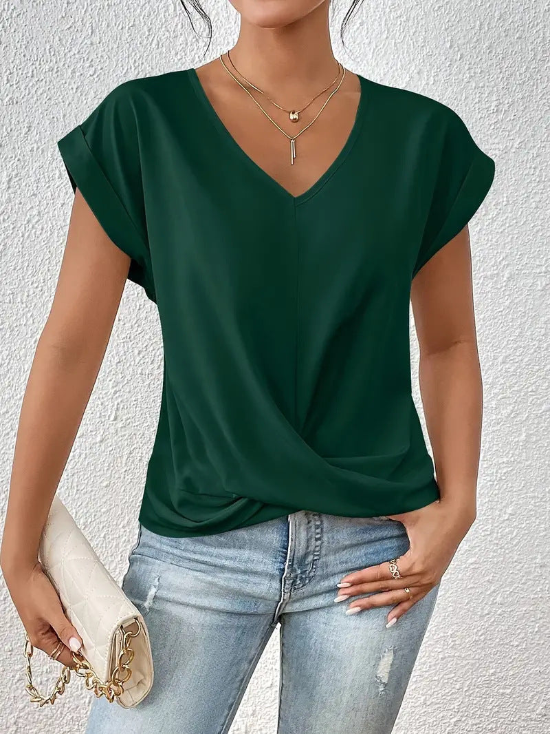 Solid Color V-neck T-shirt Elegant Short Sleeved Top For Spring And Summer Women's Clothing