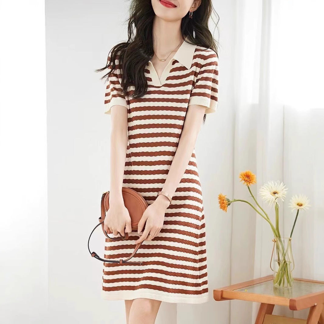 Color Contrast Striped Lapel Knitted Dress