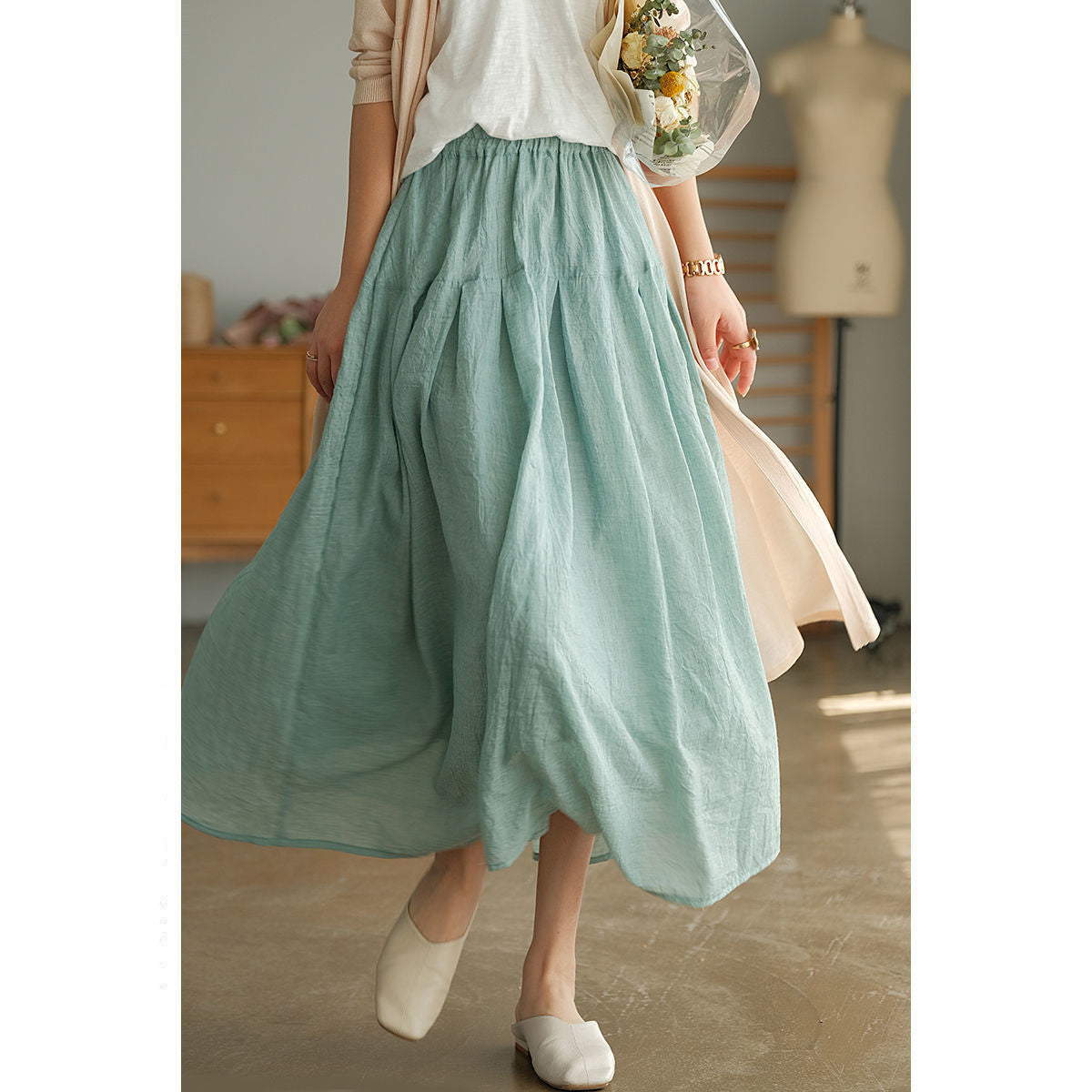 Pure Color Elastic Waist Cotton Ramie Body Pleated Long Skirt Summer Big Swing Skirt