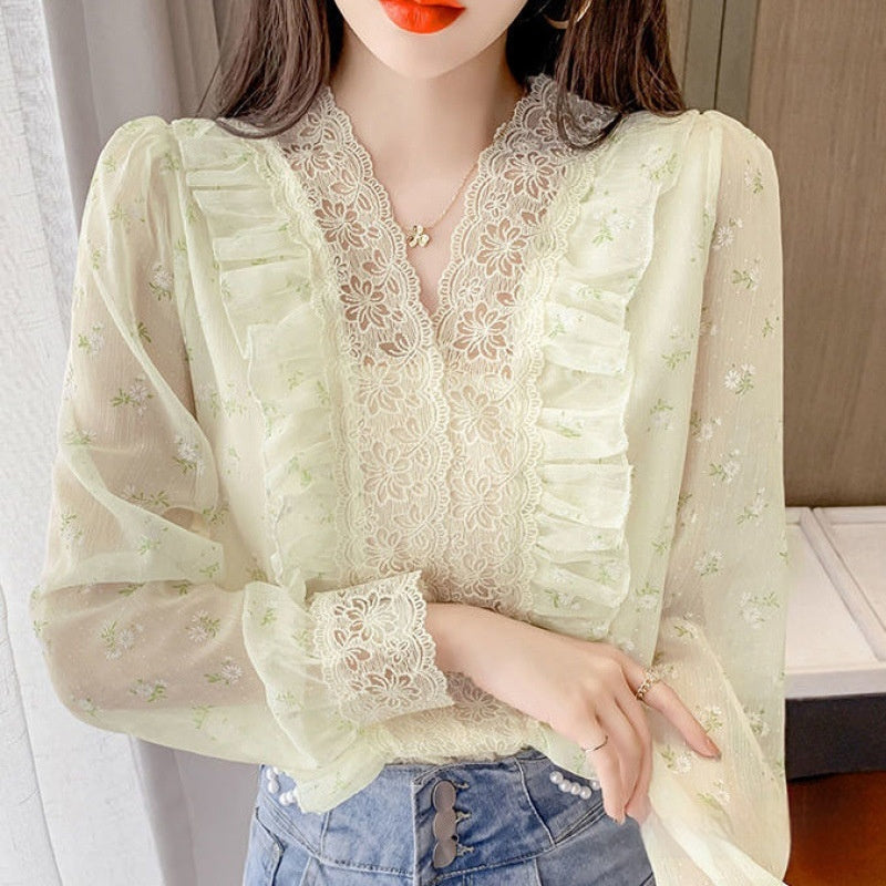 Design Sense Niche Wooden Ear Lace Collar Bubble Long Sleeve Floral Sweet Chiffon Shirt