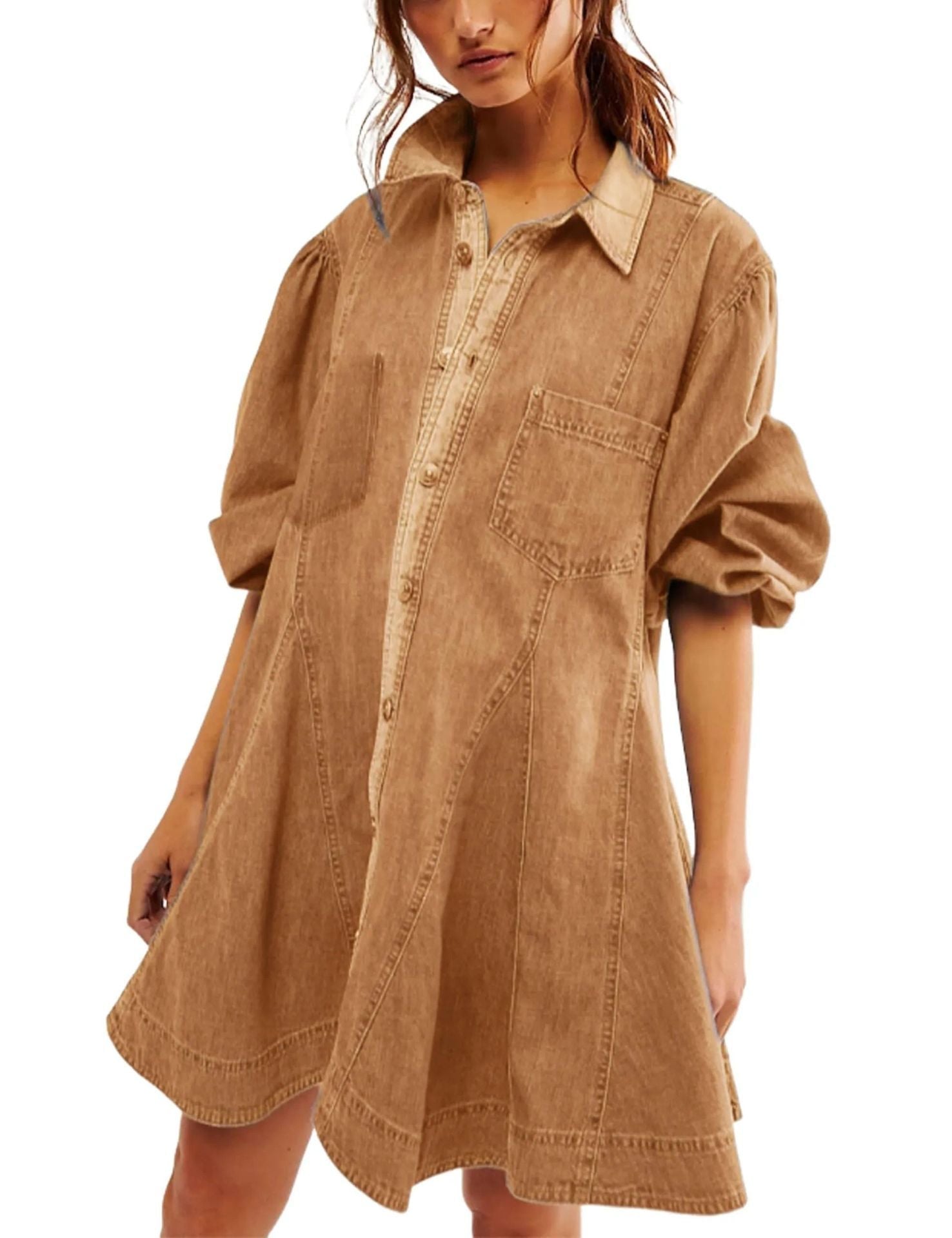 Women's Long Lantern Sleeve Button Denim Dress