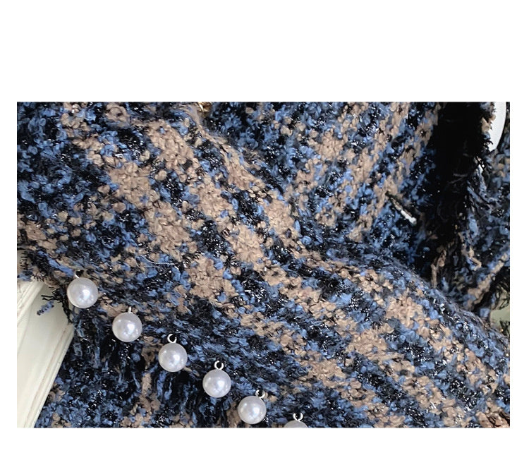 Fashion Slim Tweed Plaid Beaded Tassels Blazer