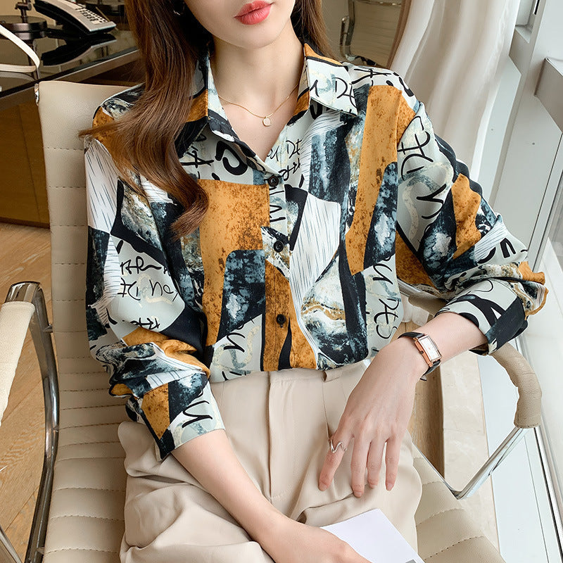 Printed Long-sleeved Shirt Women Loose Design Blouse