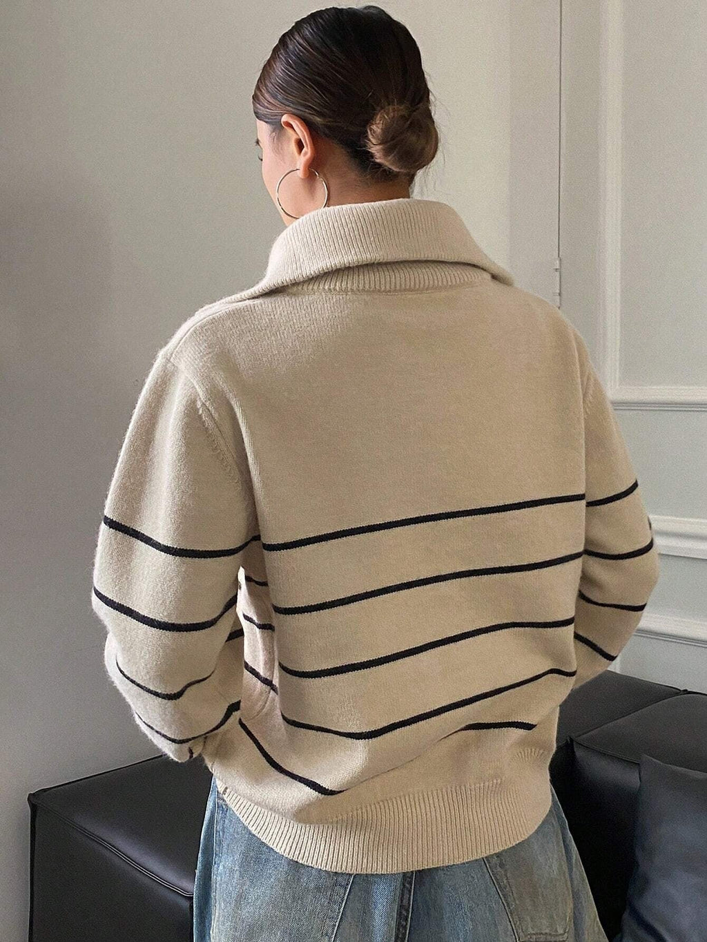 Contrast Striped High Neck Long Sleeved Loose Cardigan