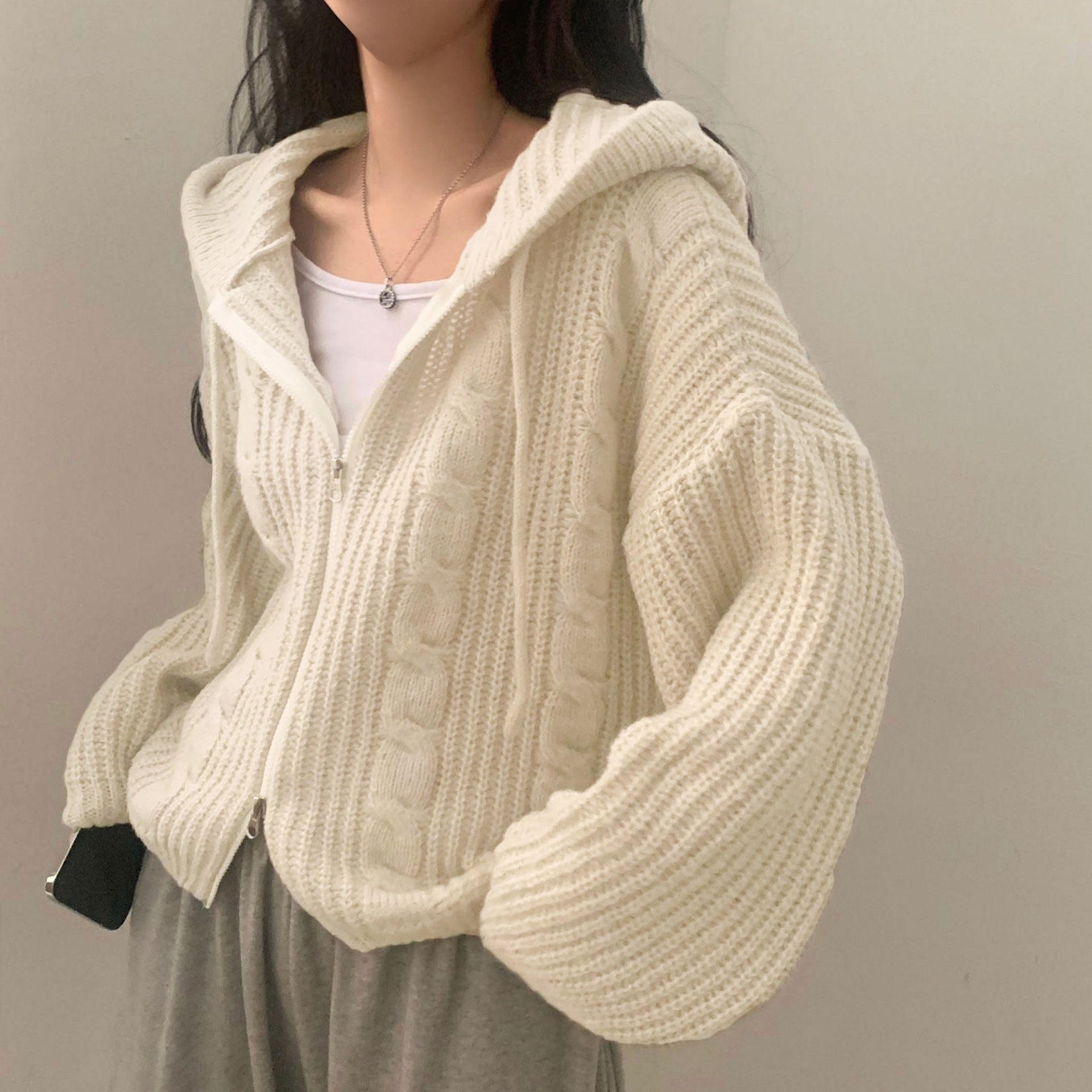 Hooded Long Sleeve Knitted Sweater Cardigan Coat Women