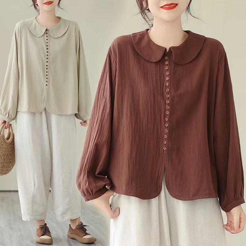 Women's Simple Doll Collar Cotton Linen Long Sleeve Blouse