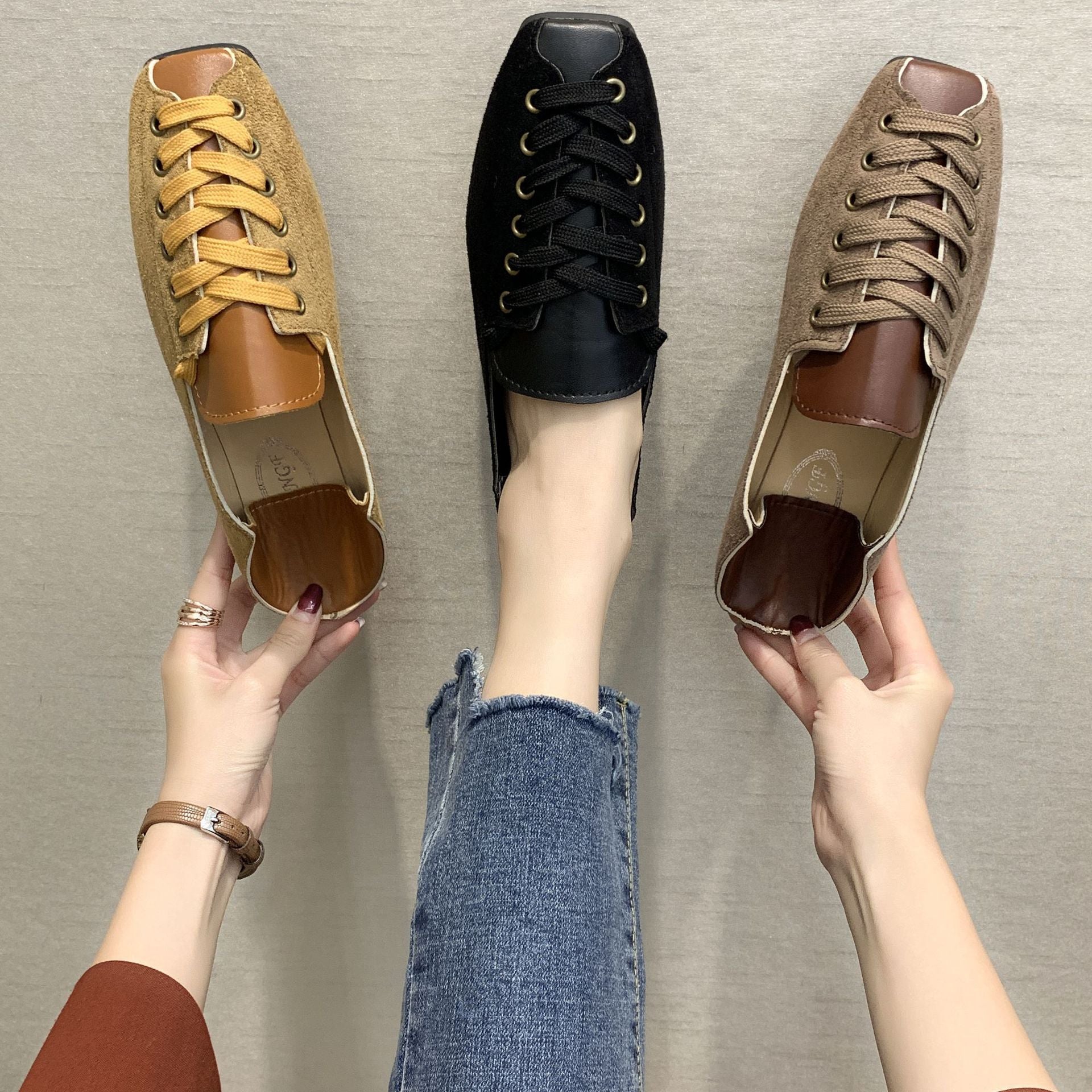 One-legged Peas Shoes Square Toe All-match Shallow Mouth Flat Single Shoes Women