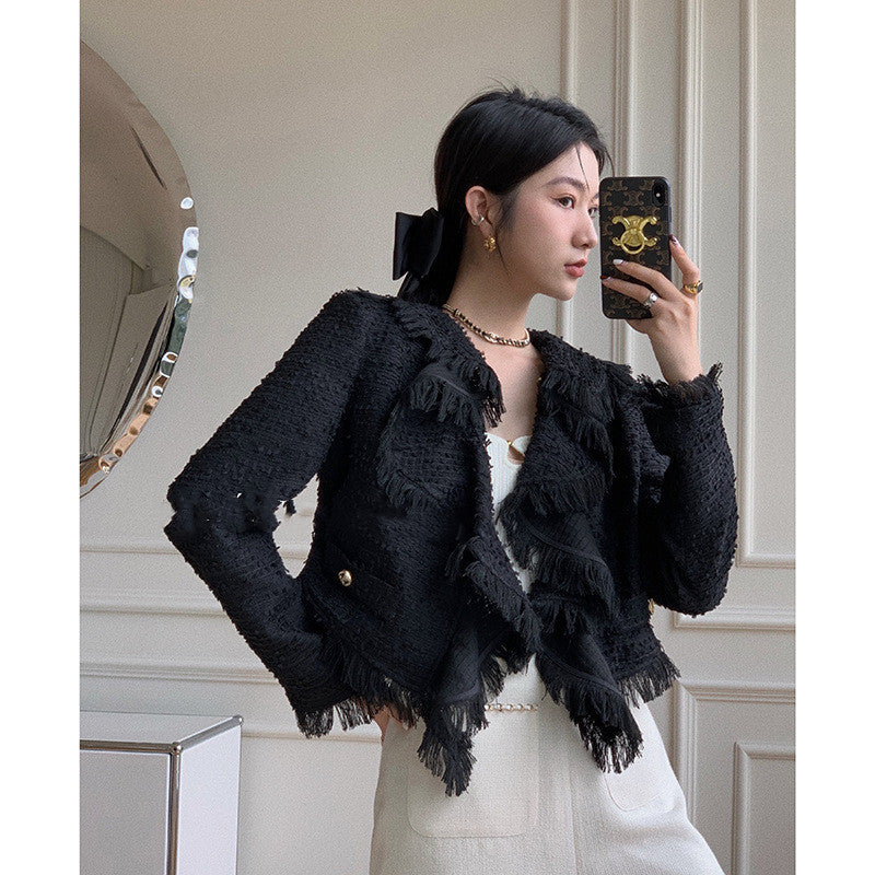Women's Frayed Ruffle Collar Short Tweed Coat