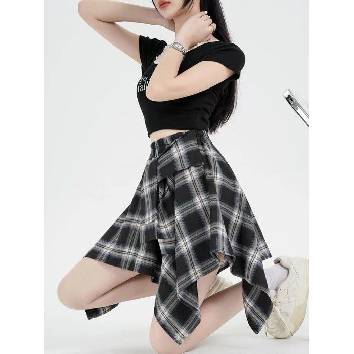 Design Irregular Plaid Women's Neologism Bow Lace Up Casual Sports Skirt