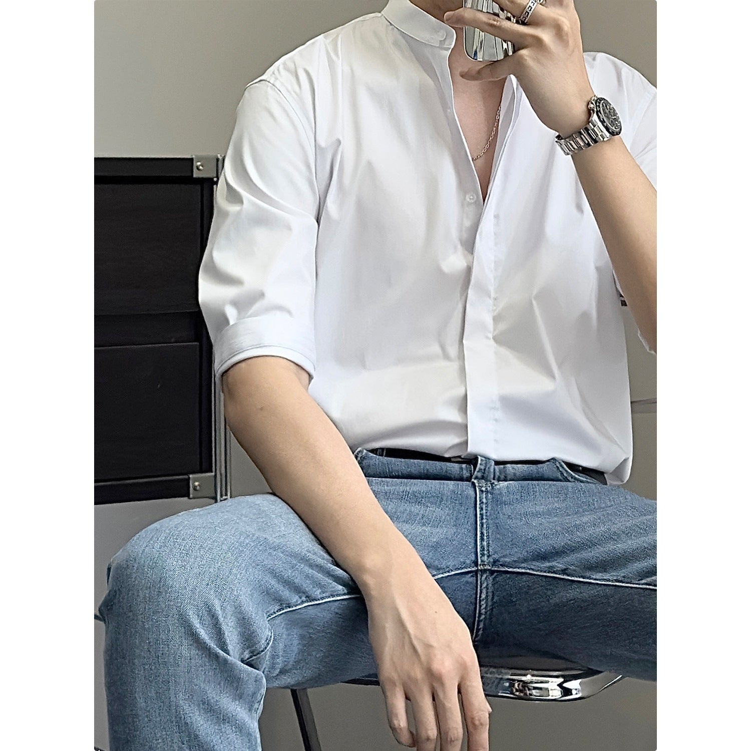 Chinese Men's Shirt Summer Stand Collar Shirt Half Sleeve Shirt Men