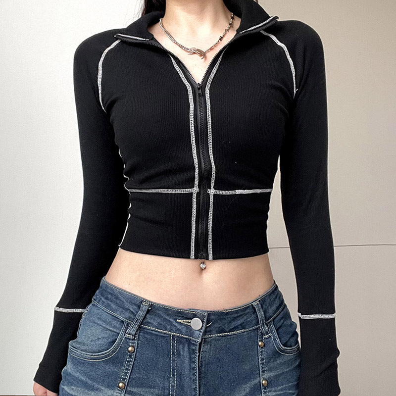 Women's Fashion Casual Contrast Color Zipper Tight Long Sleeve