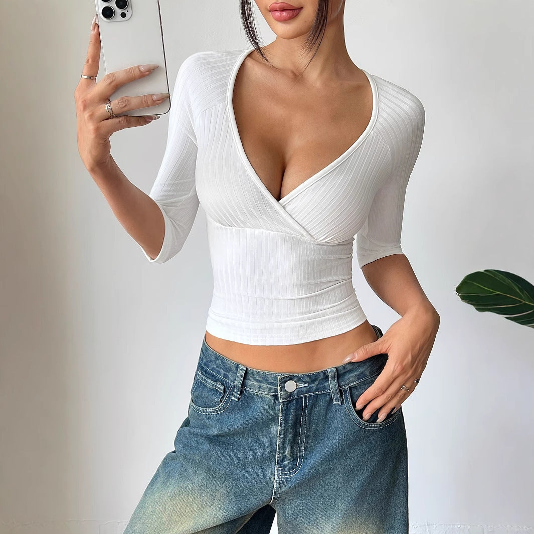 Women's Summer Textured Mid Sleeve V-neck Slim Fit Style Pullover