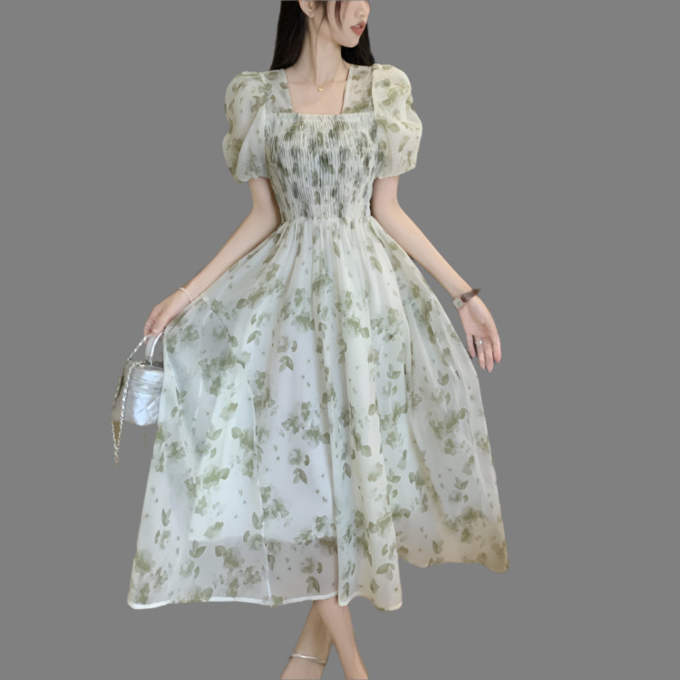 Square Neck Mid Length Pleated Waistband Skirt