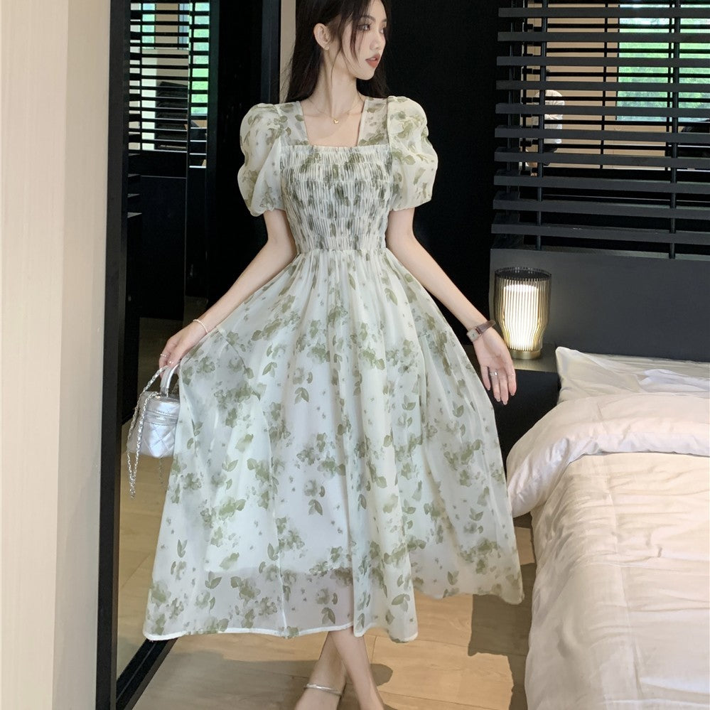 Square Neck Mid Length Pleated Waistband Skirt