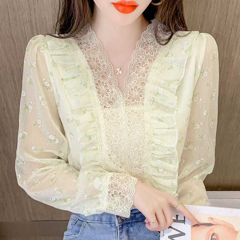 Design Sense Niche Wooden Ear Lace Collar Bubble Long Sleeve Floral Sweet Chiffon Shirt