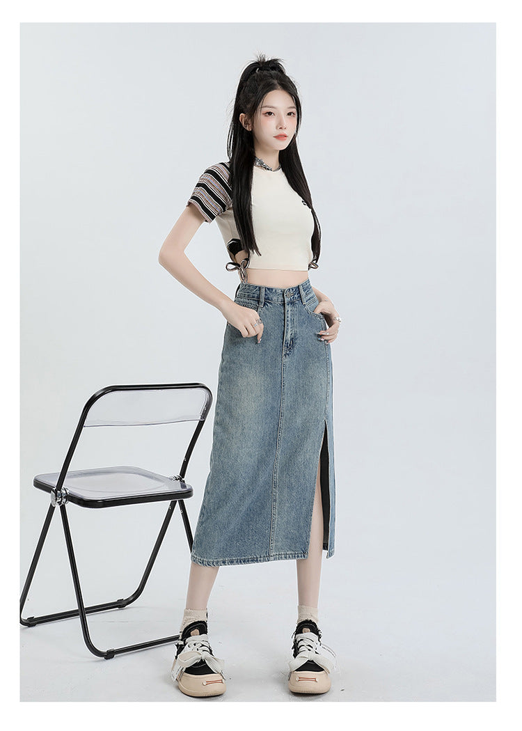 Women's Orange Silk Split Denim Skirt For Hot Girls Summer High Waist