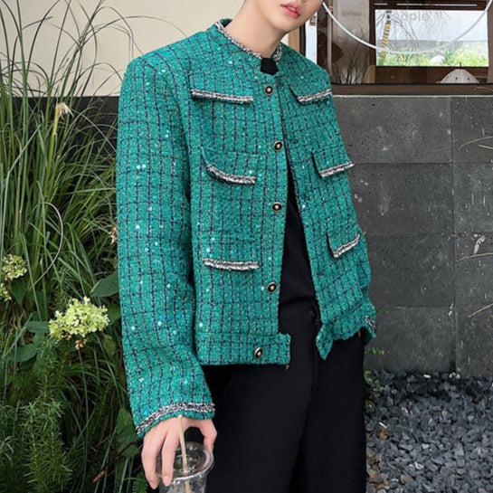 Vintage Raw Edge Multi-pocket Decorative Sequin Tweed Jacket For Men