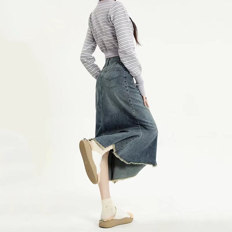 Women's Fashion Retro Raw Edge Denim Skirt