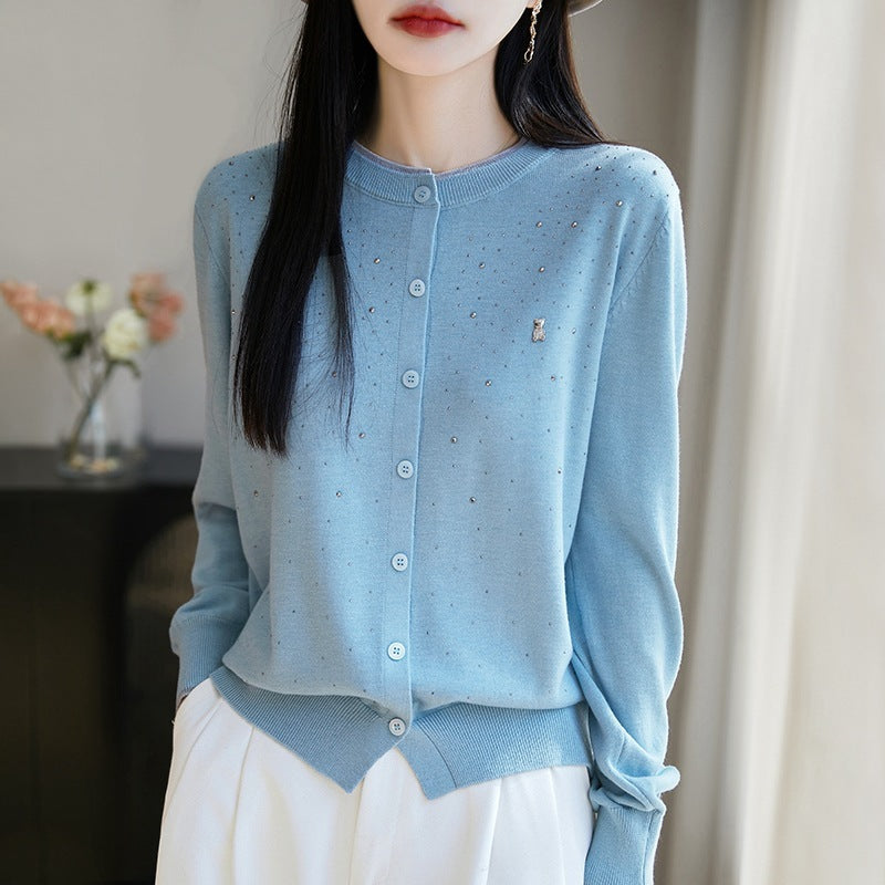 Wool Bear Rhinestone Cardigan Round Neck Long Sleeve Top