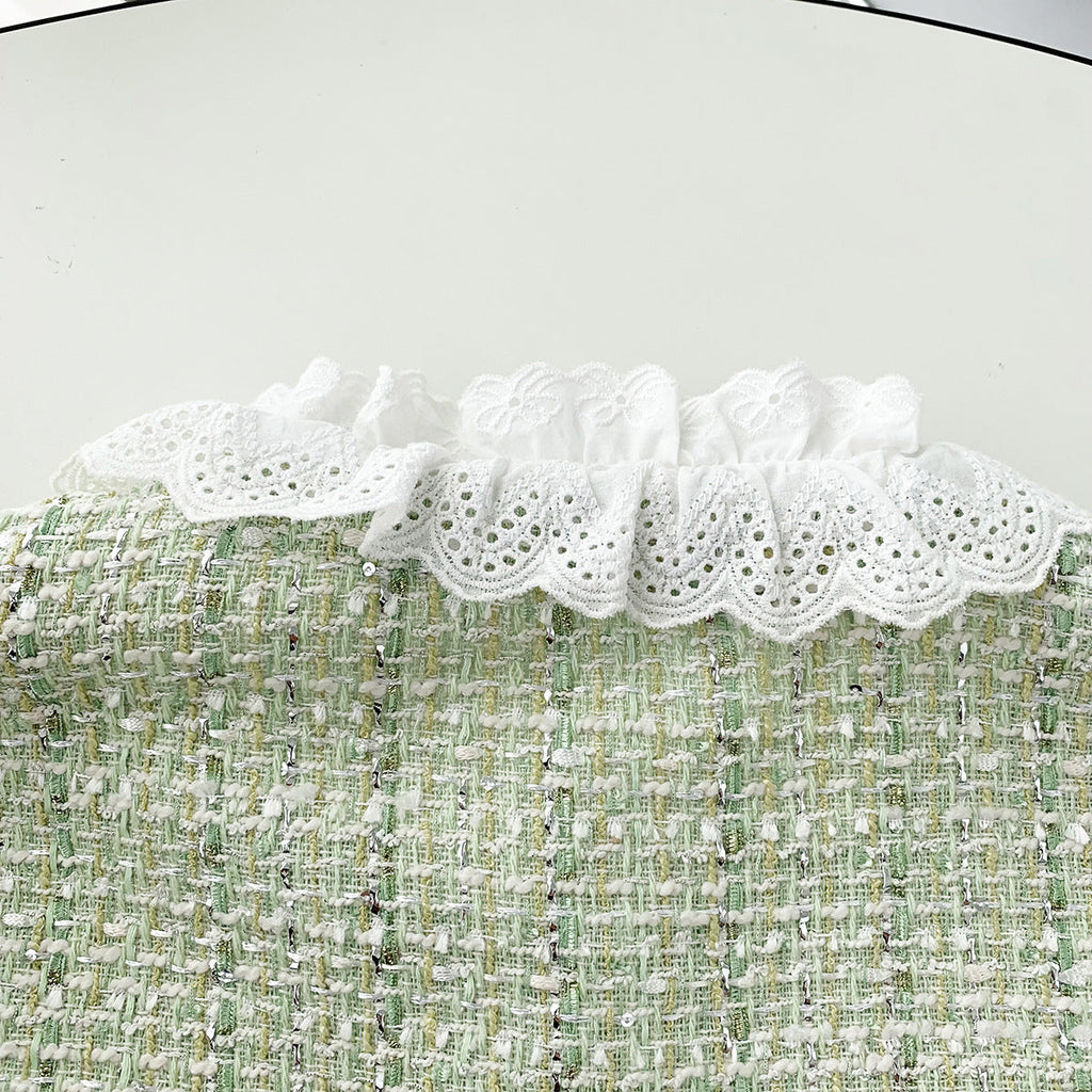 Light Green Tweed Glossy Lace Collar Jacket