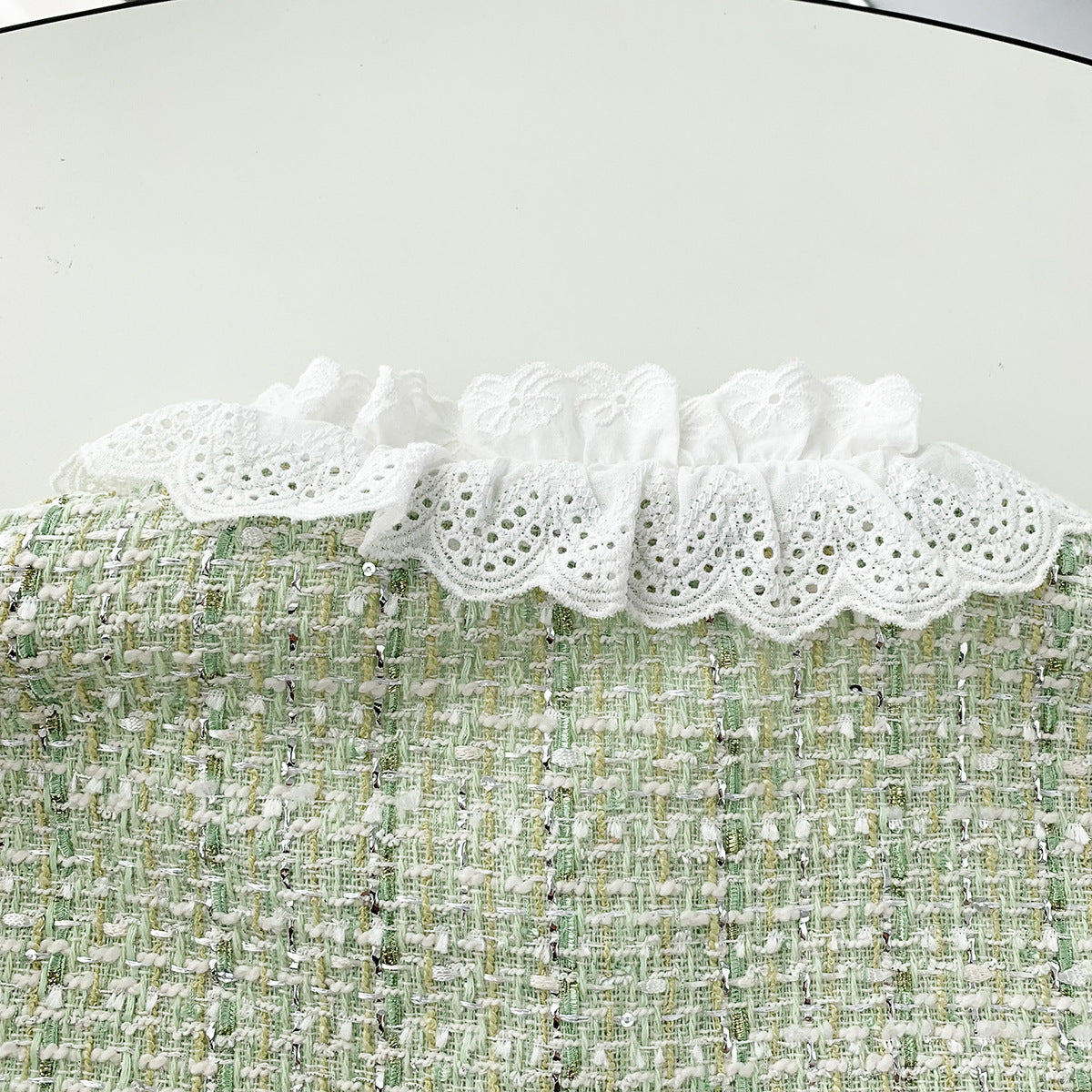 Light Green Tweed Glossy Lace Collar Jacket