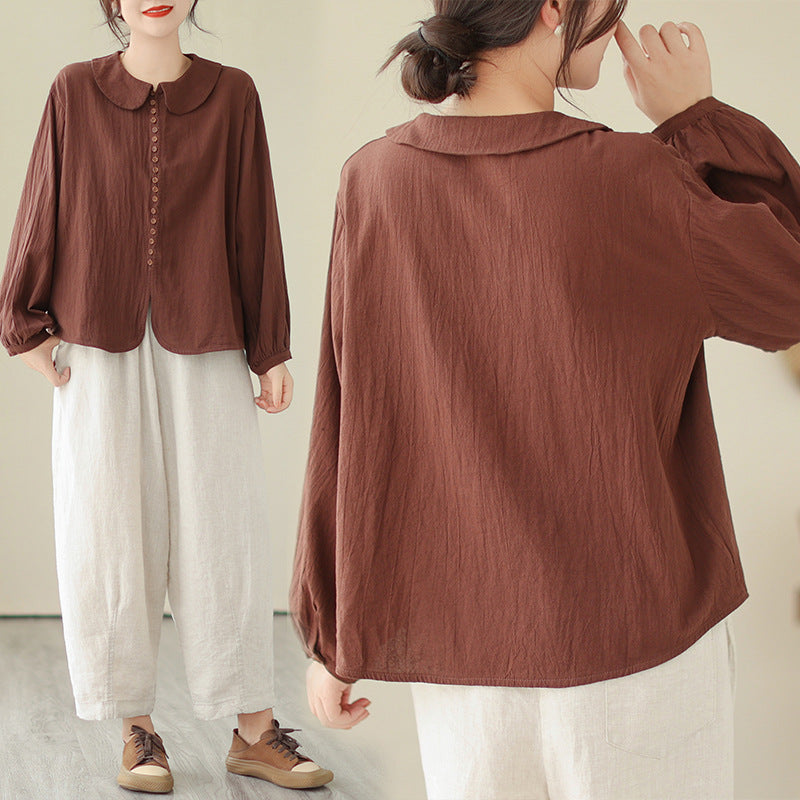 Women's Simple Doll Collar Cotton Linen Long Sleeve Blouse