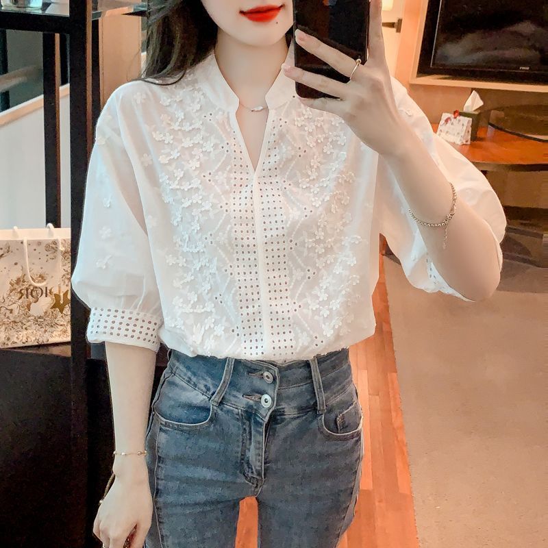 Hollow Out Embroidered Stand Collar Shirt Fashion Tops