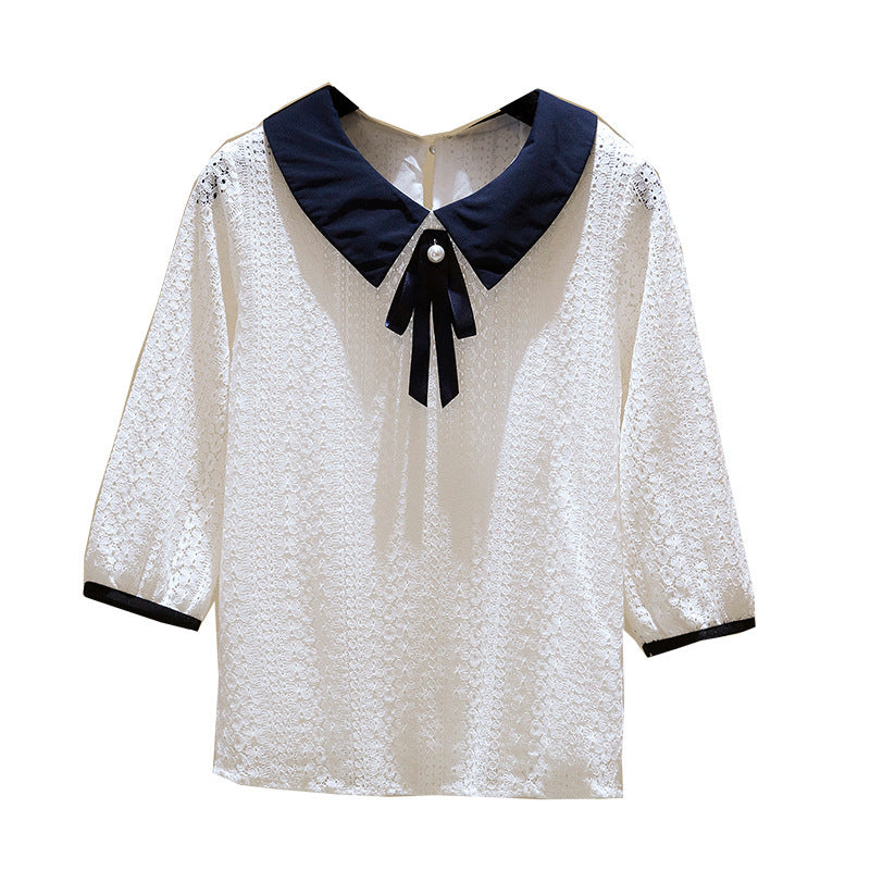 Doll Collar Lace Velvet Top Slimming Shirt