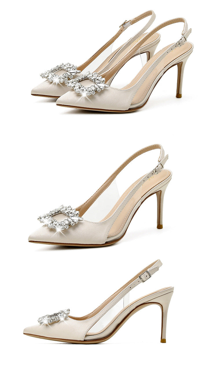 Stiletto Heel Satin Rhinestone Square Buckle Closed Toe Korean Style High Heels
