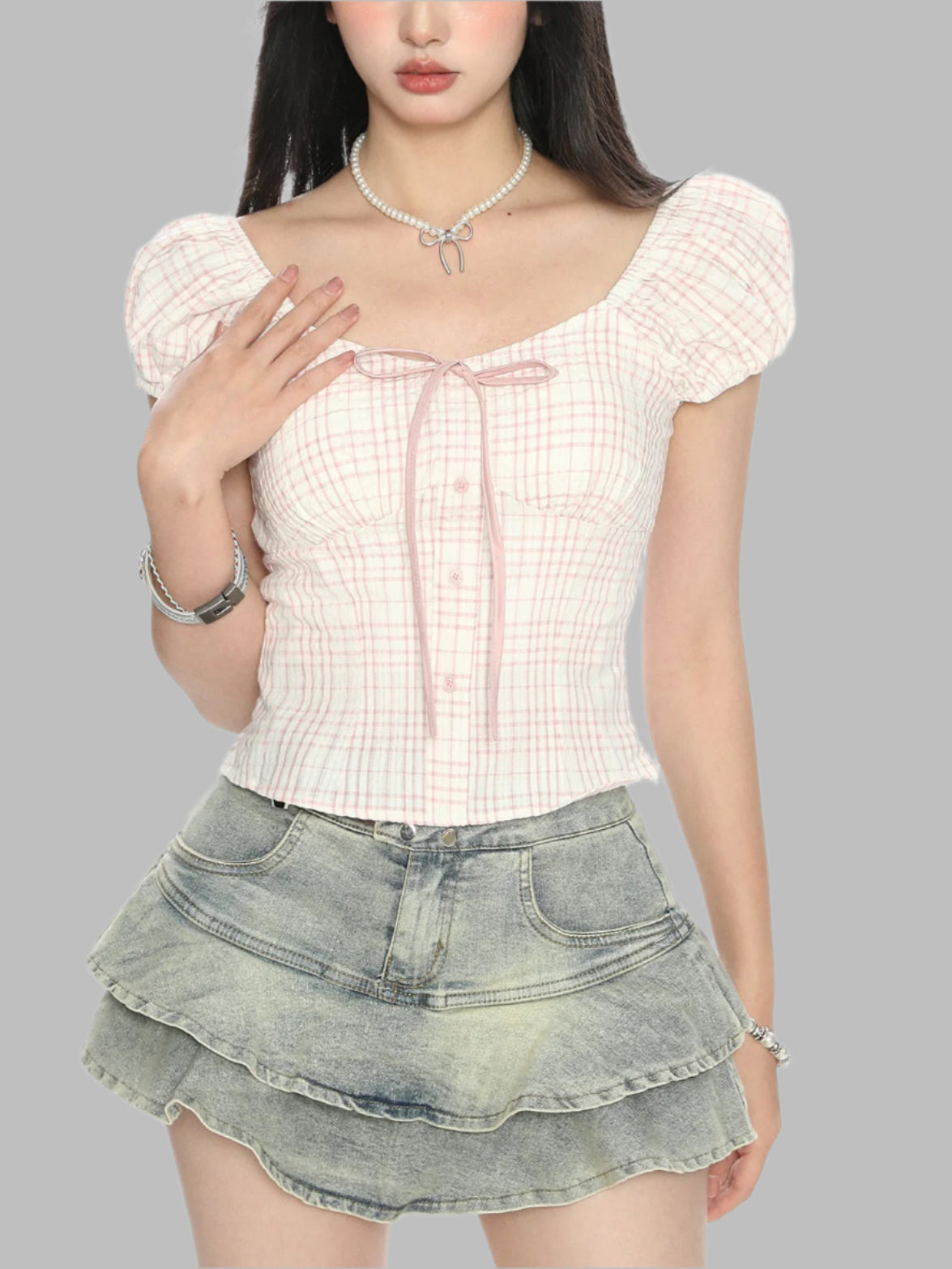 Women's Puff Sleeve Bow Bandage Short-sleeved T-shirt