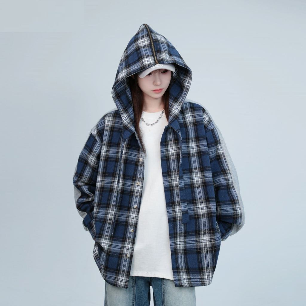 Plaid Stitching Gray Rayon Hooded Cape Shirt