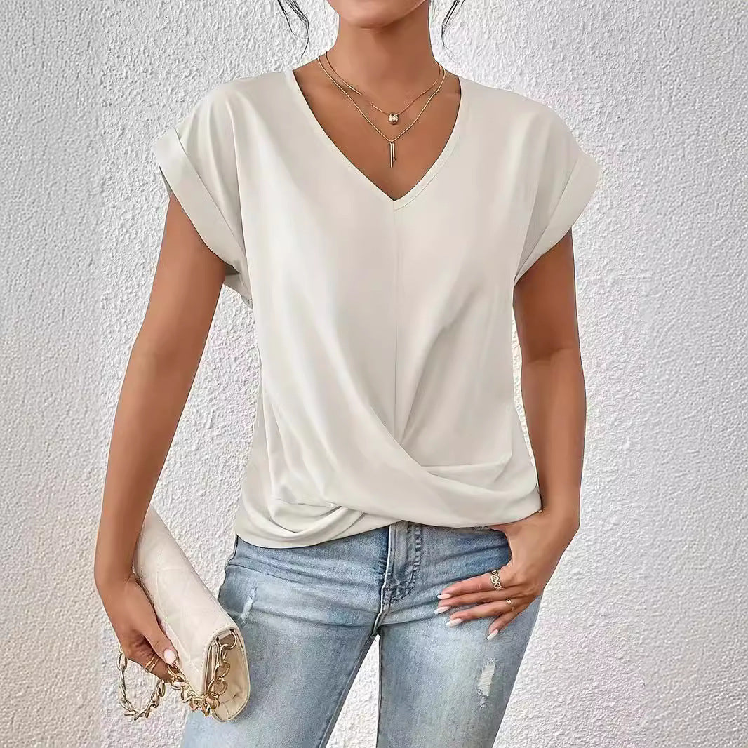 Solid Color V-neck T-shirt Elegant Short Sleeved Top For Spring And Summer Women's Clothing