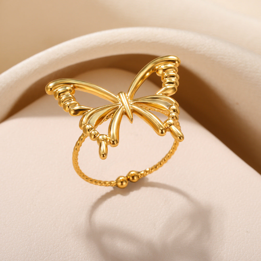 Female With Hearts Butterfly 8K Gold Plated Stainless Steel Ring