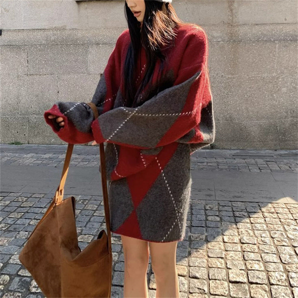 Fashionable Knitted A- Line Short Skirt Two-piece Set For Women