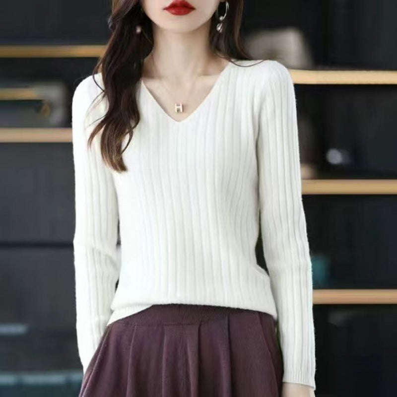 Slim V-neck Pullover Long Sleeve Knitted Sweater