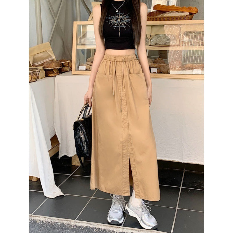 Women's Korean Style Sense Of Design Washed Cotton Midi Skirt