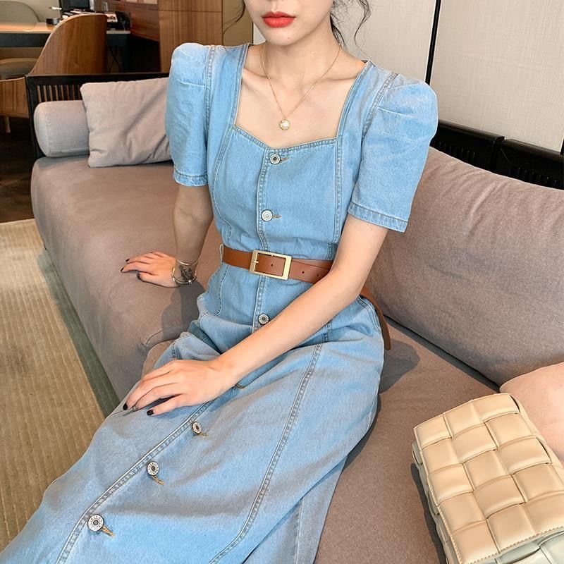 Feminine Slim Puff Sleeve Denim Dress