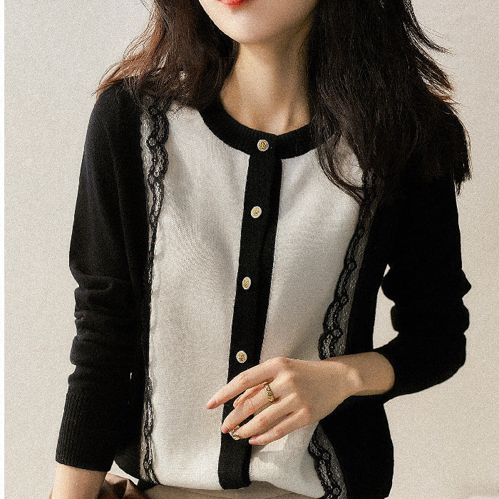 Slimming Lace Patchwork Round Neck Knitted Cardigan Sweater