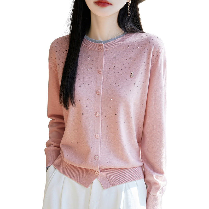 Wool Bear Rhinestone Cardigan Round Neck Long Sleeve Top