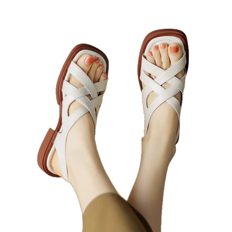 Women's Patent Leather Low Heel Square Toe Beach Sandals