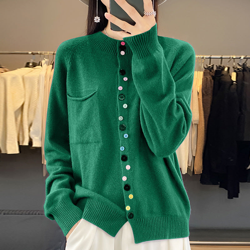 Women's Round Neck Knitted Cardigan With Color Buckle Inner Wear Blouse