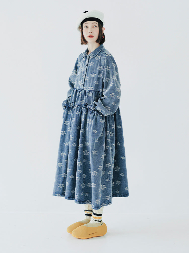 Early Autumn Jacquard Denim Dress Women's Medium Long Bow
