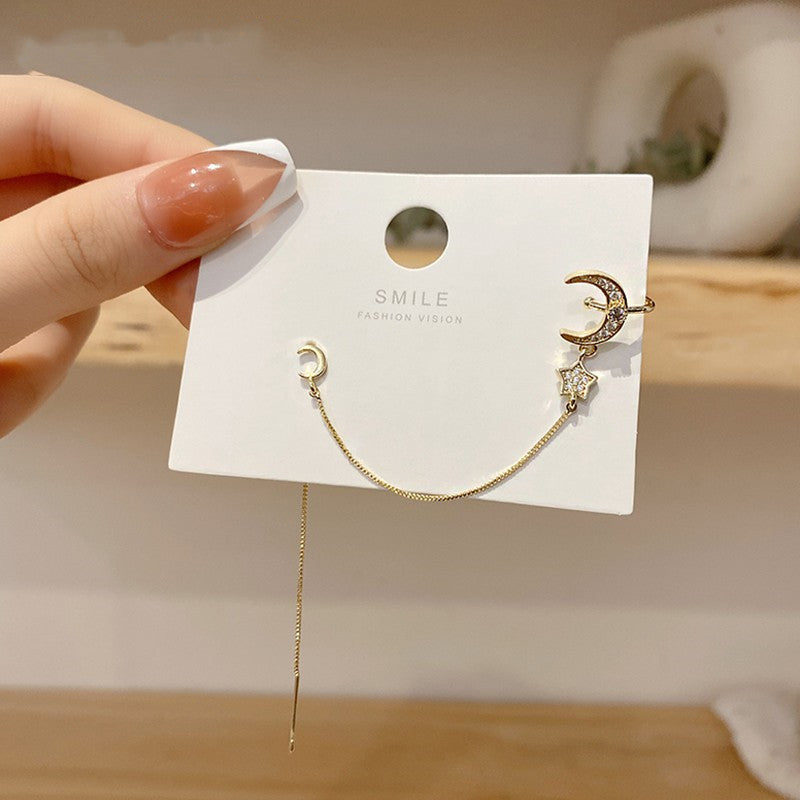 Women's Fashion Silver Needle Star Moon Fringe Earrings