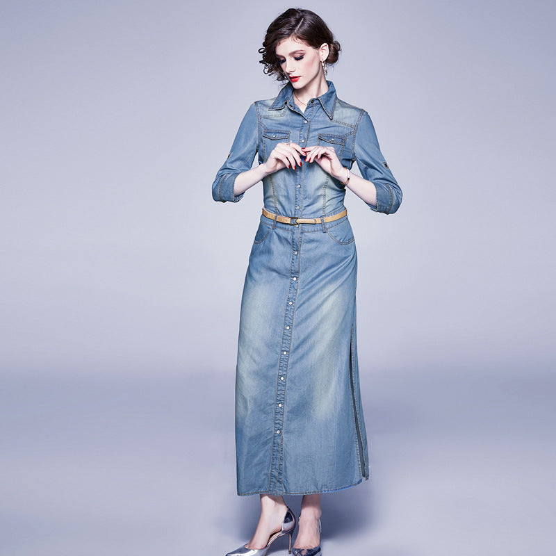Fashionable Slim Slit Blue Tencel Denim Lapel Dress