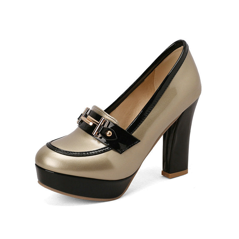 Round Toe Waterproof Platform Chunky Heel High Heel Leather Shoes