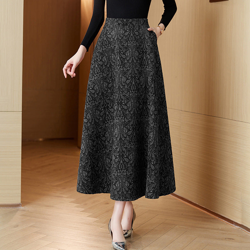 Woolen Jacquard High Waist Swing Dress Thickened Midi Skirt Umbrella Skirt