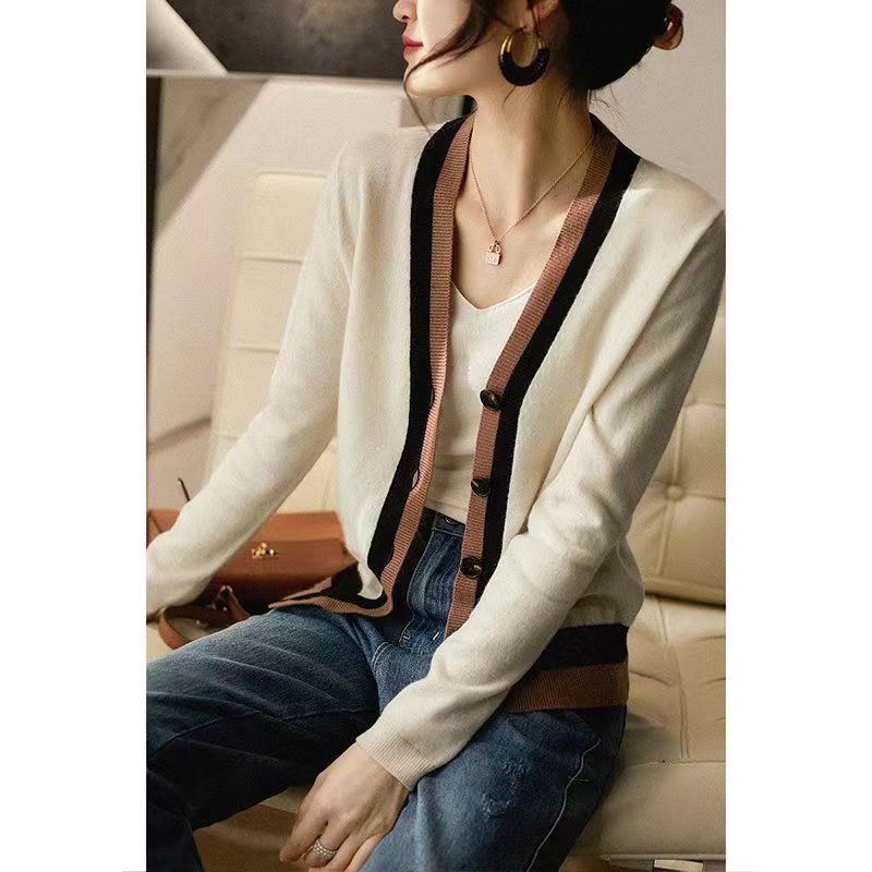 Color-block V Neck Cardigan Knitted Women's Long-sleeved Sweater Outer Tops